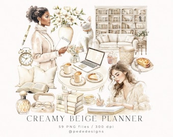 May include: A collection of watercolor illustrations featuring two people, a white cat, a laptop, books, coffee cups, a clock, a sofa, a bookshelf, and pastries in creamy beige tones, with the text CREAMY BEIGE PLANNER 59 PNG files 300 dpi pededesigns.