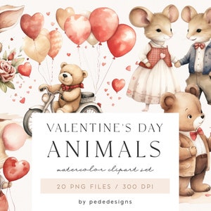 Clipart do Dia dos Namorados em aquarela, animais bebês em aquarela, gráficos românticos, clipart de casamento, mouse, ursinho de pelúcia, pássaro do amor, raposa, download