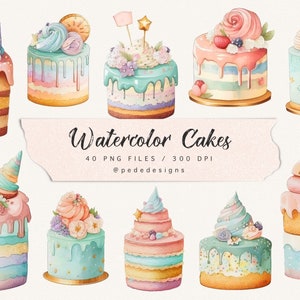 Aquarell Kuchen Clip Art, Geburtstag Clipart, Dessert Illustration, Süßigkeiten, Bäckerei, Kuchen Clipart, Konditorei Logo, Pastellfarben, download