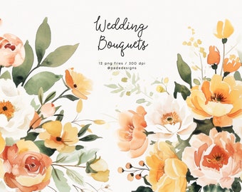 Wedding Bouquets, watercolor peach flowers, floral clipart, wedding bouquet clipart, premade floral arrangements, frame clipart, download
