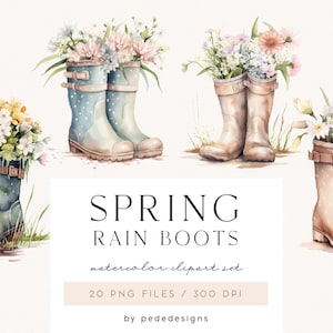 Bottes de pluie de printemps, clipart aquarelle, clipart printemps, graphiques png de jardin, clipart fleurs, aquarelle de printemps, bottes de pluie png, téléchargement