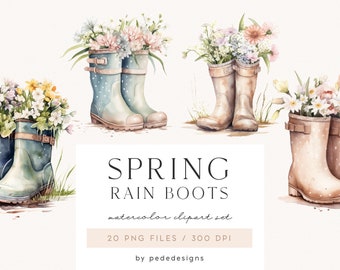 Spring Rain Boots, watercolor clipart, spring clipart, garden png graphics, flowers clipart, watercolor spring, rain boots png, download