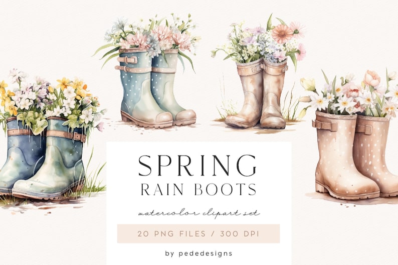 May include: A set of four watercolor illustrations of rain boots filled with spring flowers. The boots are in various colors and patterns, including blue with white polka dots, beige with white polka dots, and brown with white polka dots. The flowers are a mix of pink, white, and yellow.