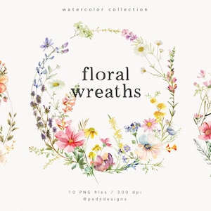 Könnte beinhalten: Ein Set mit 10 Aquarell-Blumenkränzen in verschiedenen Schattierungen von Rosa, Lila, Gelb und Blau. Die Kränze bestehen aus zarten Blumen und Blättern und sind perfekt, um Ihren Designs einen Hauch von Natur zu verleihen. Der Text "floral wreaths" ist in schwarzer Schrift in der Mitte des Bildes geschrieben.