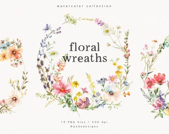 Wild Floral Wreaths, wild flowers png, colorful meadow clipart, premade floral png, watercolor wreath, premade frame, logo wreath, download