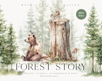 Watercolor Forest Story Collection, woodland clipart, watercolor forest animals, forest landscape, wedding clipart, nursery png, download