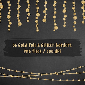 May include: 36 gold foil and glitter borders. PNG files / 300 dpi.  A set of gold glitter borders with a repeating pattern of circles. The borders are arranged in a vertical and horizontal pattern.