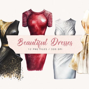 Clipart akwarelowy sukienki, złoto, srebro, czerń, malowane ręcznie, clipart modowy, haute couture, sukienka na studniówkę, sukienka na imprezę, brokat, pobierz