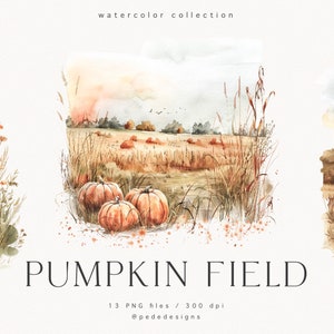 Pode incluir: Pintura em aquarela de um campo de abóboras com abóboras laranja em primeiro plano e um campo de grama alta ao fundo. A pintura tem uma atmosfera suave e de sonho, ideal para a decoração de outono.