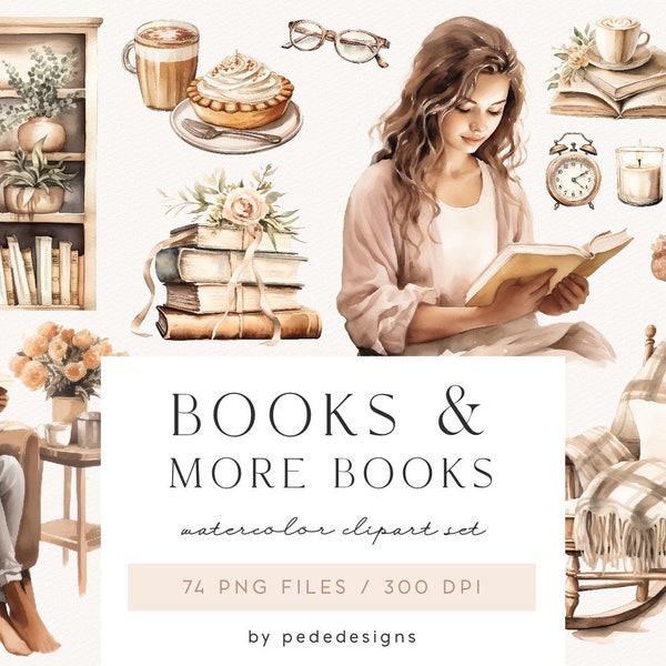 Book & More Books, Aquarell Clipart, hübsches Mädchen Clipart, Kaffeetasse, Sessel png, Bücher Clipart, Buchliebhaber, gemütliche Grafik, download