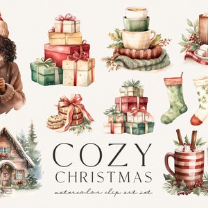Pode incluir: Ilustra&ccedil;&otilde;es de aquarela de elementos natalinos aconchegantes, incluindo uma mulher segurando uma caneca, uma pilha de presentes, uma cabana na neve e canecas de chocolate quente. O texto "Cozy Christmas watercolor clip art set" est&aacute; inclu&iacute;do.