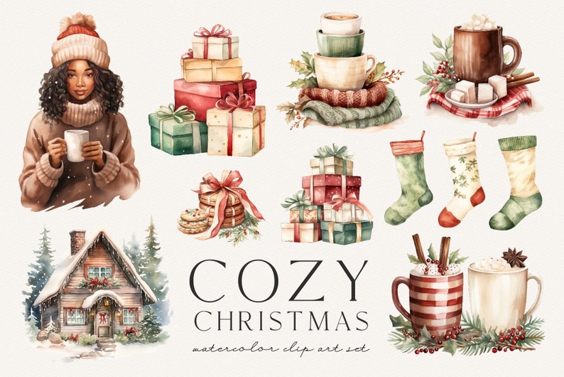 Pode incluir: Ilustra&ccedil;&otilde;es de aquarela de elementos natalinos aconchegantes, incluindo uma mulher segurando uma caneca, uma pilha de presentes, uma cabana na neve e canecas de chocolate quente. O texto "Cozy Christmas watercolor clip art set" est&aacute; inclu&iacute;do.