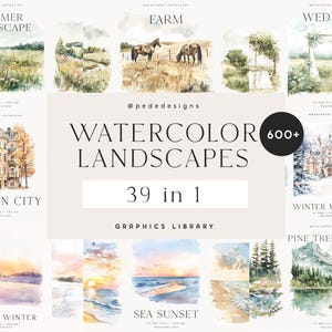 Lot de paysages aquarelles, paysages aquarelles, clipart png d'été, illustration de paysage, printemps, automne, hiver, invitation, téléchargement