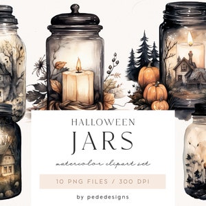 Halloween Jars, watercolor halloween clipart, spooky clipart, candle clipart, magical jar,  haunted house, scary clipart, download