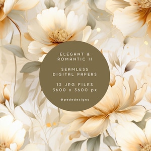 May include: A set of 12 digital papers featuring a seamless pattern of delicate white and beige flowers with gold accents. The papers are 3600 x 3600 pixels and are perfect for creating invitations, cards, and other digital projects.