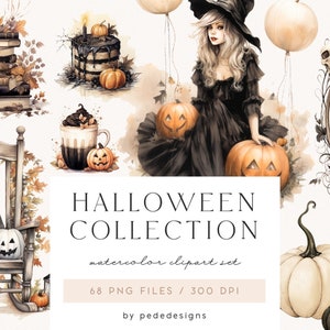 Halloween Collection Clipart, watercolor halloween clipart, scary clipart, halloween witch, trick or treat, witch girl clipart, download