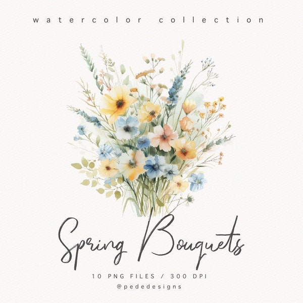 Spring Bouquets, watercolor wild flowers, watercolor meadow, premade floral frame, border clipart, wild floral, yellow & blue, download