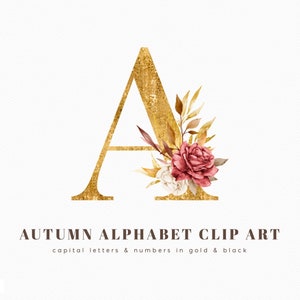 Dekoratives Alphabet Clipart, Buchstaben mit Blättern, Goldfolie Alphabet, Herbstblumen, Herbst Aquarell Clip Art, goldene Zahlen, download