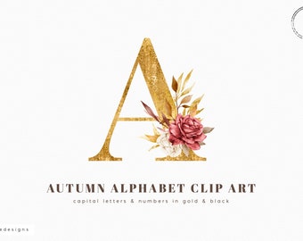 Decorative alphabet clipart, letters with leaves, gold foil alphabet, autumn flowers, fall watercolor clip art, golden numbers, download