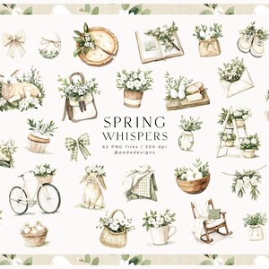 May include: A collection of 62 watercolour illustrations featuring spring-themed imagery, including flowers, birds, eggs, bicycles, and more. The illustrations are in a soft, pastel colour palette and have a whimsical, vintage feel. The text "SPRING WHISPERS" is displayed in the centre of the image.