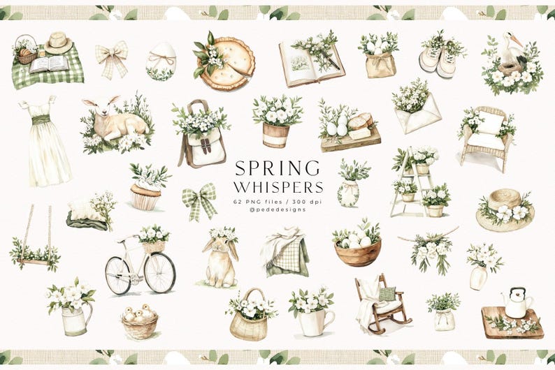 May include: A collection of 62 watercolour illustrations featuring spring-themed imagery, including flowers, birds, eggs, bicycles, and more. The illustrations are in a soft, pastel colour palette and have a whimsical, vintage feel. The text "SPRING WHISPERS" is displayed in the centre of the image.