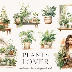 以下が含まれることがあります： 緑のシャツを着た女性と植物の水彩画クリップアートセット。セットには、さまざまな鉢植えの植物、シャッター付きの窓、植物が置かれた棚、コーヒーカップを持った女性が含まれています。画像の下部には「PLANTS LOVER watercolor clipart set」というテキストがあります。