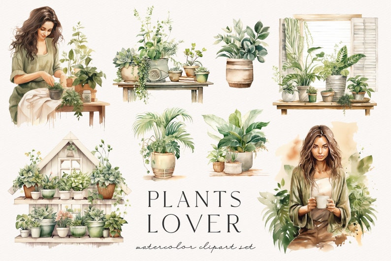 以下が含まれることがあります： 緑のシャツを着た女性と植物の水彩画クリップアートセット。セットには、さまざまな鉢植えの植物、シャッター付きの窓、植物が置かれた棚、コーヒーカップを持った女性が含まれています。画像の下部には「PLANTS LOVER watercolor clipart set」というテキストがあります。