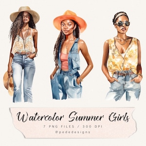 ClipArt acquerello Summer Girl, clipart di moda acquerello, clipart estiva, ragazza di moda png, grafica estiva, clipart femminile, download