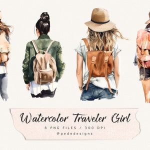 Clipart de garota viajante em aquarela, clipart de moda em aquarela, gráficos de viagens, garota da moda png, garota de chapéu, vista de trás, baixar