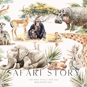 Safari Story, clipart aquarelle, bébés animaux png, savane, jungle, tropical, autocollants pour agenda, lion, tigre, girafe, zèbre, téléchargement