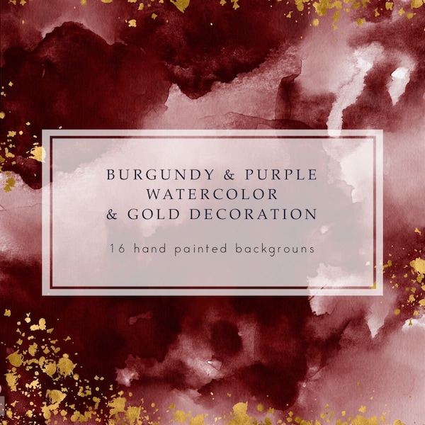 Burgundy & purple watercolor textures with gold, watercolor digital paper, glitter, planner papers, watercolor splash, strokes, download