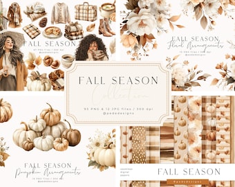 May include: A digital collection of fall-themed illustrations including people in coats, floral arrangements, pumpkins, plaid patterns, and cozy accessories. The text reads Fall Season Collection, 93 PNG & 12 JPG files, 300 dpi, and pededesigns.