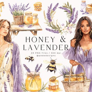 Miele e lavanda, grafica primaverile ad acquerello, clipart floreale, viola e oro, adesivi primaverili, clipart estiva ad acquerello, ape, download