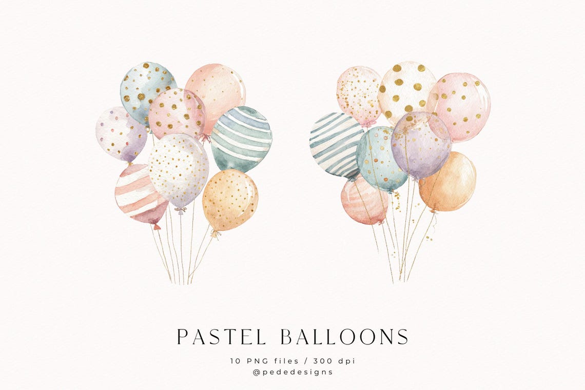 Watercolor Pastel Balloons Clip Art Set: PNG Graphics (digital Download ...