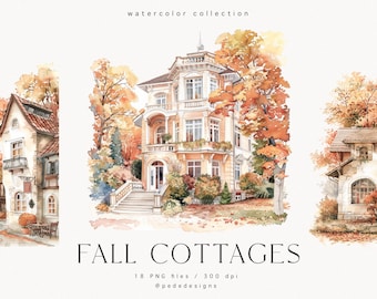 Watercolor Fall Cottage Clipart Set: Autumn Scenery (Digital Download)