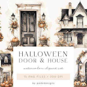 Halloween Door & House Clipart, watercolor halloween clipart, spooky clip art, halloween decor, trick or treat, haunted house, download