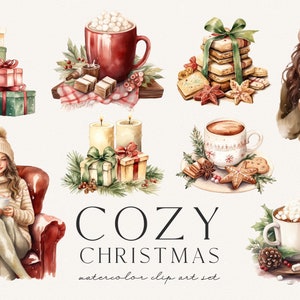 Pode incluir: Ilustra&ccedil;&otilde;es de aquarela de elementos natalinos aconchegantes, incluindo uma mulher com um chap&eacute;u e um cachecol de inverno segurando uma x&iacute;cara de chocolate quente, uma pilha de biscoitos, uma x&iacute;cara de chocolate quente com marshmallows, uma x&iacute;cara de chocolate quente com chantilly e um conjunto de velas com uma caixa de presente.