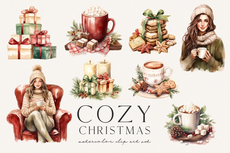 Pode incluir: Ilustra&ccedil;&otilde;es de aquarela de elementos natalinos aconchegantes, incluindo uma mulher com um chap&eacute;u e um cachecol de inverno segurando uma x&iacute;cara de chocolate quente, uma pilha de biscoitos, uma x&iacute;cara de chocolate quente com marshmallows, uma x&iacute;cara de chocolate quente com chantilly e um conjunto de velas com uma caixa de presente.