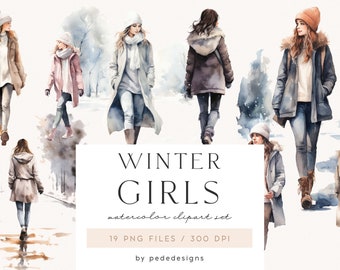 Winter Girls, watercolor fashion clipart, winter png graphics, fashion girl clipart, girl next door style, winter clipart png, download