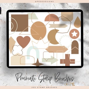 Peut inclure: Une illustration numérique d'une collection de 205 brosses de tampon Procreate. Les brosses sont des formes géométriques dans différentes nuances de brun, beige et blanc. Les formes comprennent des cercles, des carrés, des cœurs, des étoiles, des flèches et plus encore.