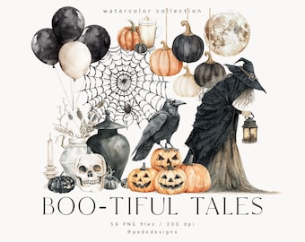 Boo-tiful Tales Clip Art Set, watercolor halloween clipart, scary clipart, trick or treat, witch png graphics, spooky, pumpkin, download