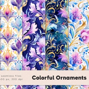Ornements colorés, pack de papier numérique multicolore, motif décoratif sans soudure, papiers damassés, motif de tissu, design floral, téléchargement