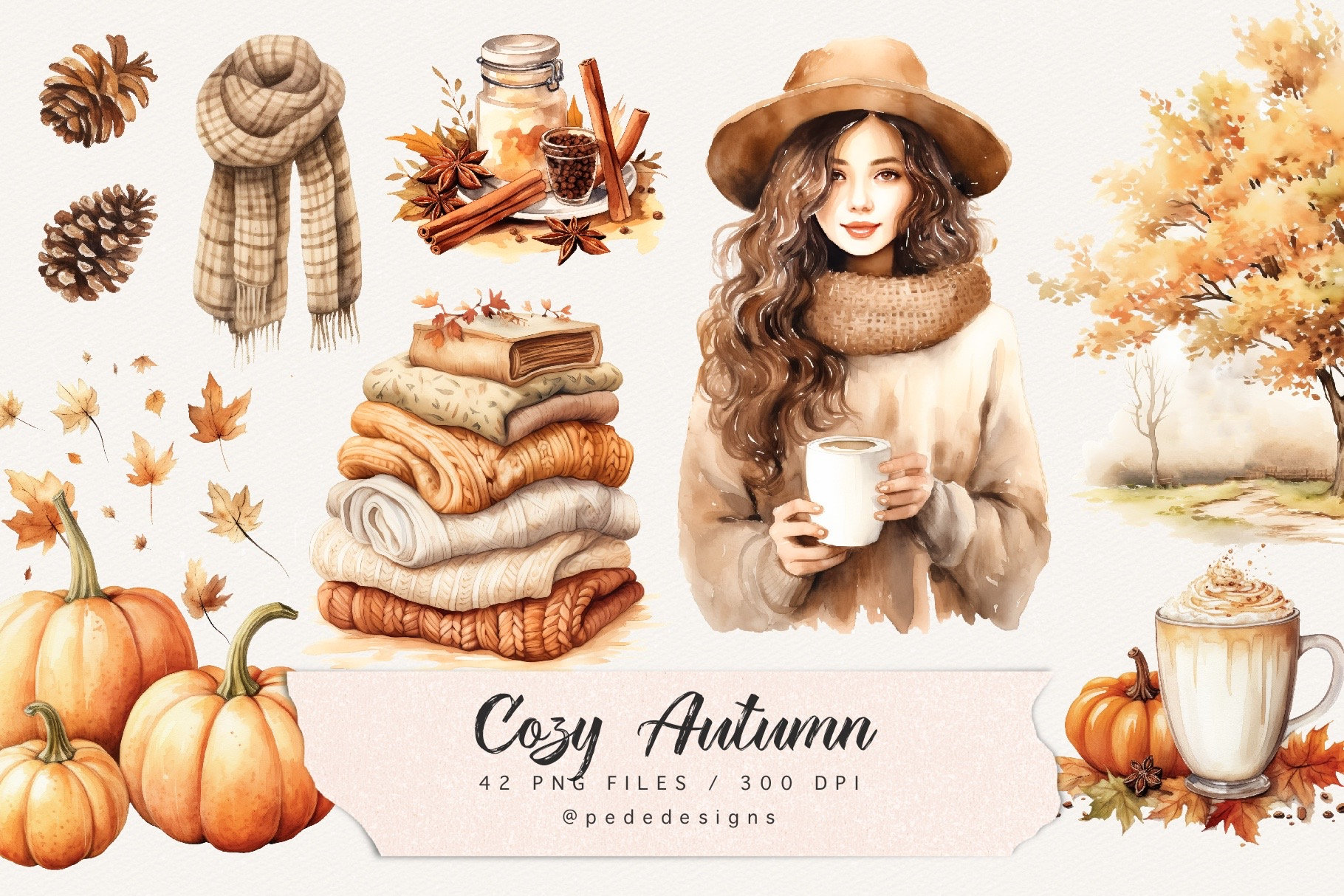 Cozy Autumn, watercolor autumn clipart, fall png graphics, falling leaves, girl illustration, autumn tree, pumpkin spice latte, download