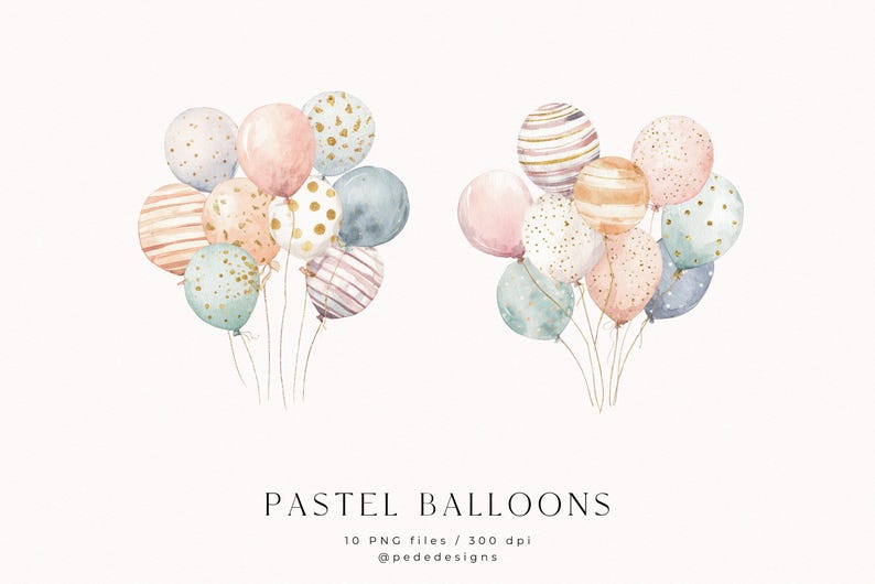 Watercolor Pastel Balloons Clip Art Set: PNG Graphics (digital Download ...