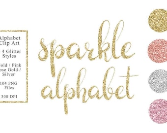 Sparkle Alphabet Clip Art, Gold Rose Gold Silver Pink Glitter Letters (Digital Download)