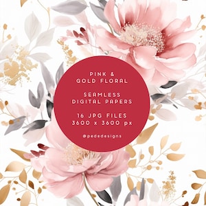 Aquarel Pink & Gold Floral Digital Paper, aquarel digitale papers set, naadloos patroon, delicaat en romantisch, babymeisje, downloaden