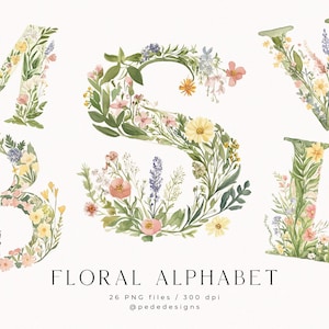 Ensemble de cliparts alphabet floral, clipart fleurs de printemps, fête, célébration, anniversaire, png aquarelle, baby shower, fleurs sauvages, téléchargement