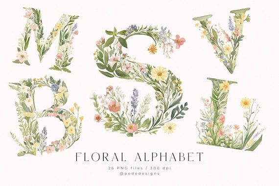 Floral Alphabet Clipart Set, spring flowers clipart, party, celebration, birthday, watercolor png, baby shower, wild flowers, download