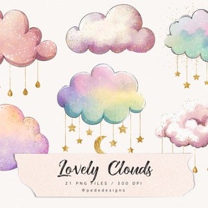Peut inclure: Un ensemble de 21 illustrations numériques de nuages aquarelle avec des paillettes dorées et des étoiles. Les nuages sont dans différentes nuances de rose, violet, bleu et vert. Le texte "Lovely Clouds" est écrit en cursive sur un fond rose.