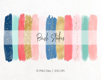 Brush strokes clipart, paint brush, acrylic paint, glitter confetti, paint strokes, navy blue, coral, mint, download